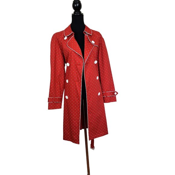 Bandolino Womens Trench Coat Red Polka Dot Belted Waist Large Retro Jacket - Picture 1 of 10